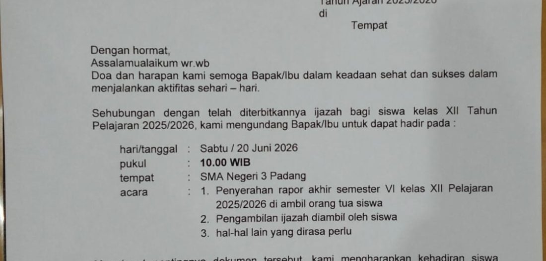 UNDANGAN PENGAMBILAN RAPOR KELAS 12