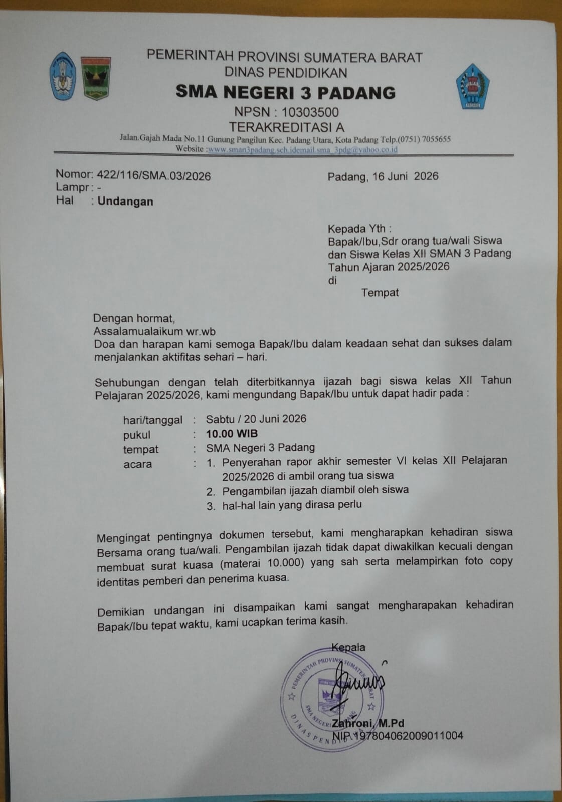 INFORMASI UNDANGAN PENGAMBILAN RAPOR KELAS 12 INFORMASI UNDANGAN PENGAMBILAN RAPOR KELAS 12